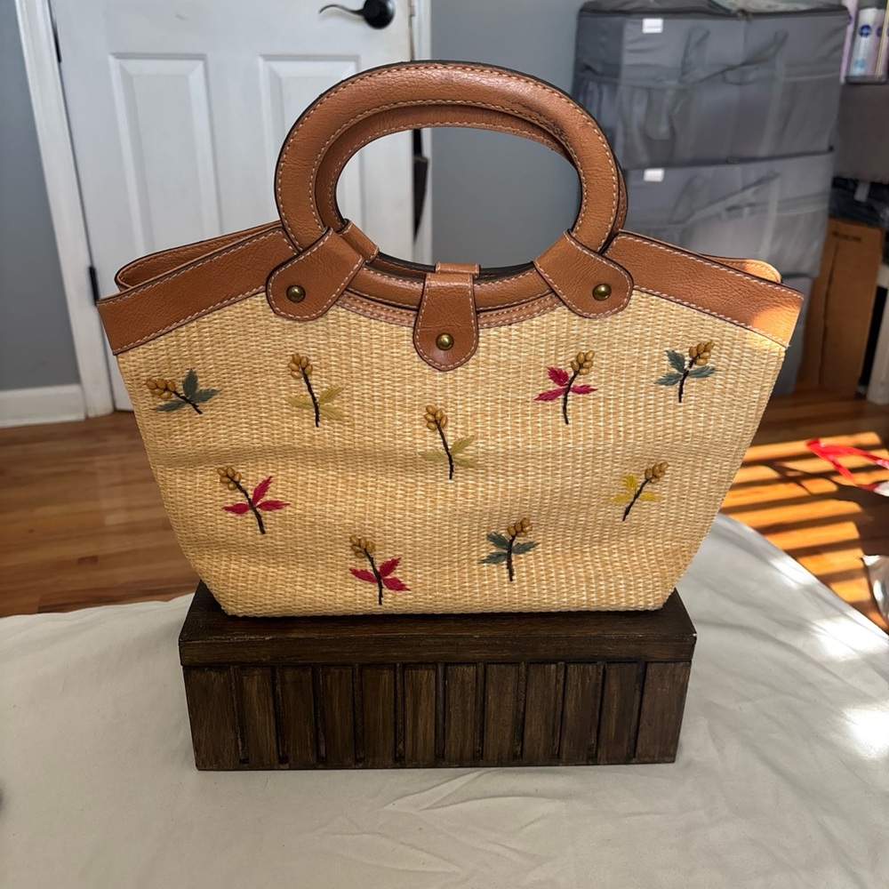 Fossil Straw Tote with Floral Embroidery and Tan Leather